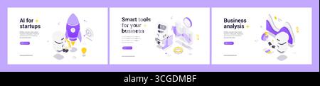 Isometric illustrations featuring AI-driven startup innovation, smart business tools, and data analysis supporting strategic decisions and growth in m Stock Vector