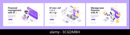 Isometric vector set featuring AI robots managing finances with banking, cloud storage, and automated budgeting tools for modern digital financial sol Stock Vector