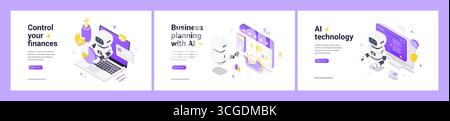 Isometric web banners featuring AI robots managing finances, business planning, and technology integration with digital interfaces and modern automate Stock Vector