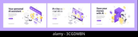 Isometric vector set featuring AI robots for personal task management, business data analysis, and secure financial savings with advanced automation a Stock Vector