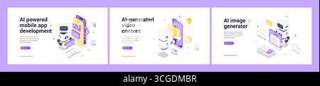 Isometric web banners featuring AI robots automating mobile app development, video content creation, and image generation with advanced tools for mode Stock Vector