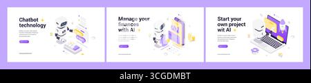 Artificial intelligence robot with technology elements, finance symbols, startup icons, data analysis graphics, creative innovation design. Modern Iso Stock Vector