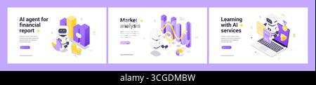 Isometric web banners featuring AI robot for financial reports, market trend analysis, and AI-driven learning services with digital data visualization Stock Vector
