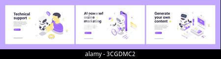 Isometric banners featuring AI robots illustrating technical support collaboration, automated online marketing with customer attraction, and creative Stock Vector