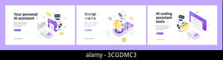 Futuristic isometric web banner set with AI robot, coding automation, social media communication, personal assistant features, business analytics, dig Stock Vector