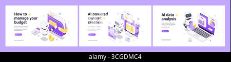 Modern isometric web banner set with AI robot, personal budget planning, automated content creation, advanced data analytics, innovation, financial te Stock Vector