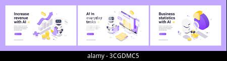 Isometric illustrations of AI-driven revenue growth, task automation, and business data analysis featuring robots, charts, coins, and digital technolo Stock Vector