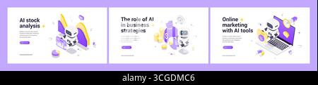 Isometric web banner set with AI robot analyzing stock market data, driving business strategy development, and enhancing online marketing with advance Stock Vector