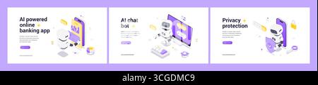 Isometric web banners featuring AI robots for online banking automation, chatbot communication, and privacy protection with digital security icons and Stock Vector