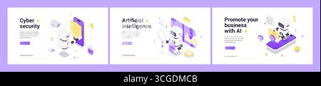 Isometric vector illustrations featuring AI robots enhancing cybersecurity, automating data analysis, and driving business promotion with innovative t Stock Vector
