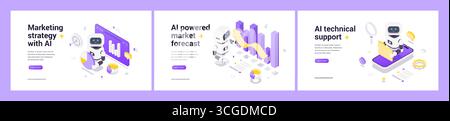 Modern isometric web banner set with AI robot, marketing strategy planning, market trend forecasting, automated technical support, data analytics, dig Stock Vector