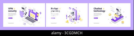 Isometric web banners featuring AI robots illustrating VPN security, budget planning tools, and chatbot communication technologies for advanced digita Stock Vector