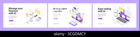 Isometric vector set illustrating AI-powered finance management, multimedia content creation, and easy programming with intelligent automation for mod Stock Vector