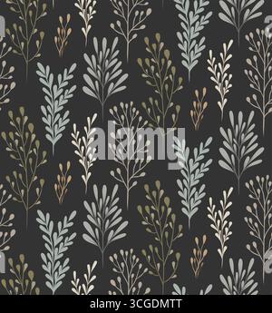 Vector seamless scandi pattern with twigs on dark background. Nature texture with stems with stems and leaves in pastel soft colors for wallpaper Stock Vector