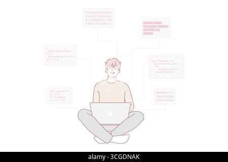 Smiling male software engineer working on computer writing codes and programs. Happy man programmer or backend developer busy on laptop, programming, creating scripts. Vector illustration. Stock Vector
