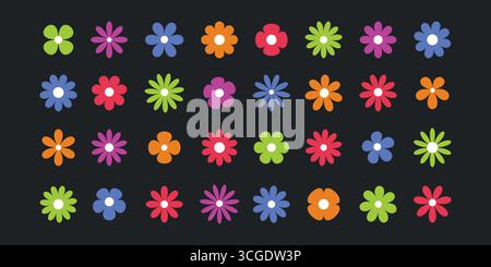 A collection of colorful stylized flower icons in green, blue, orange, pink, and purple. Clean lines, minimal shapes, and a modern abstract floral Stock Vector