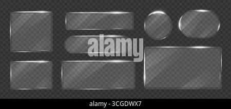 Glass transparent geometric shape frames shining glare set, Glass overlay texture square and oval panels, Plastic samples glass mirror, Vector Stock Vector