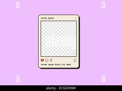 Retro vaporwave social media post template in app style window. Profile picture, image preview, likes, comments, user interface elements. 90s Stock Vector
