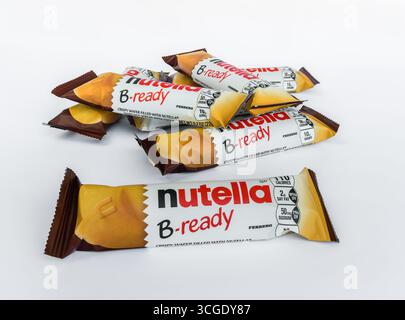 Nutella B-ready bars, crispy wafers filled with hazelnut cocoa spread, isolated on a white background Stock Photo