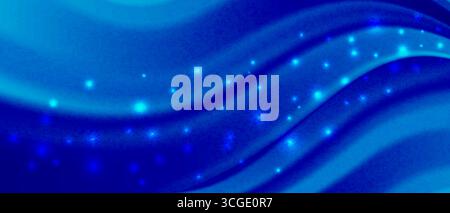 Navy winter sky with glowing stars on abstract blue background. Shiny light dots and wave pattern. Template for banner, poster, wallpaper, postcard. V Stock Vector