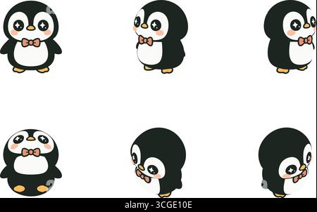 Set of adorable black-and-white penguin characters with orange beaks, shown in standing, side and shy playful poses. Stock Vector