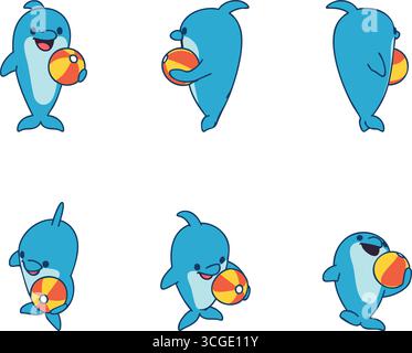 Set of playful blue dolphins balancing or holding colorful beach balls in several cheerful cartoon poses. Stock Vector
