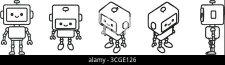 Set of cute box-shaped robots in different front, side and angled poses, drawn as simple black-and-white line art. Stock Vector
