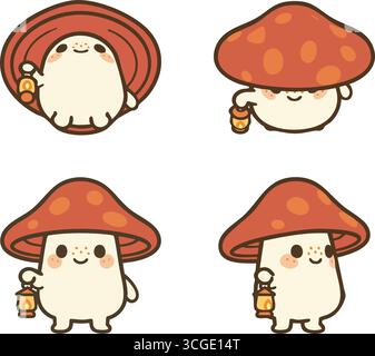 Set of cute smiling mushroom characters with spotted brown caps in four playful poses, drawn in a warm kawaii cartoon style. Stock Vector