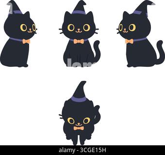Round eyed black cats wear pointed hats and pose facing left right and forward on a white background. Stock Vector