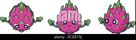 A set of adorable cartoon dragon fruit characters illustrated in a playful kawaii style. The pink fruit features green leafy spikes, big sparkling eye Stock Vector