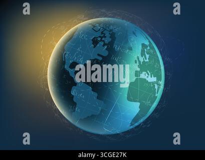 World of equations Futuristic global network and tacit digital data transfer. Concept of smart digital transformation and technology disruption that c Stock Vector