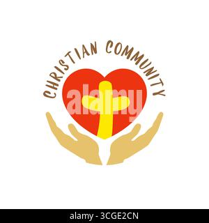 Red heart, creative yellow cross inside with isolated clipping mask, open hands. Concept for Christian community, church ministry logotype template. Stock Vector
