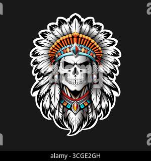 Artistic skull design with ornate tribal headdress, a symbol of power, mystery, and spiritual strength. Stock Vector
