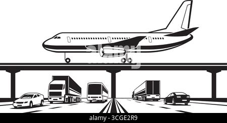 Passenger airplane overpassing highway – vector illustration Stock Vector
