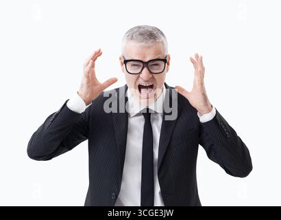 Portrait of a middle-aged businessman screaming and despairing, half-length isolated on white background Stock Photo