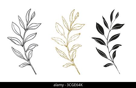 Palm leaves line art, silhouette and glitter simple hand drawn vector illustration set, isolate on white background. Stock Vector