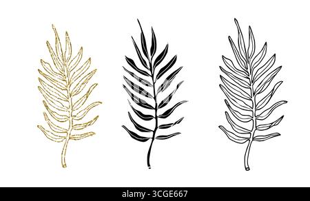 Palm leaves line art, silhouette and glitter simple hand drawn vector illustration set, isolate on white background. Stock Vector