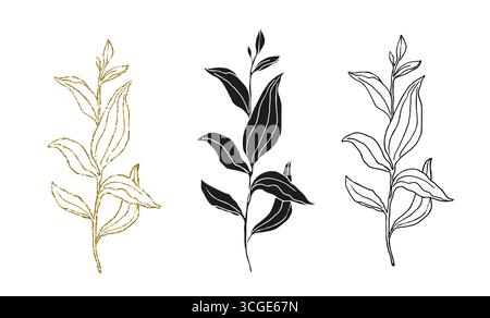 Palm leaves line art, silhouette and glitter simple hand drawn vector illustration set, isolate on white background. Stock Vector