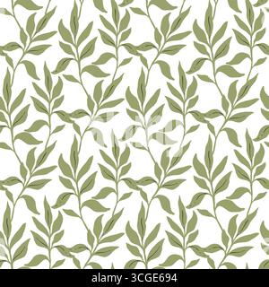 Green palm leaves seamless pattern, simple hand drawn vector greenery background for textile, or wallpaper, scrapbook and surface design Stock Vector