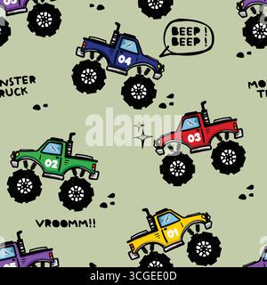 monster truck big monster doodle seamless vector Stock Vector