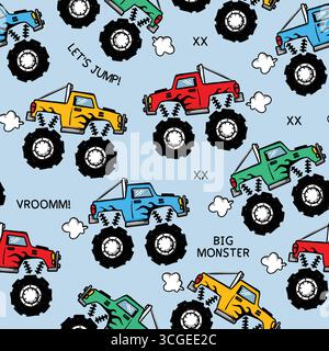 monster truck big monster doodle seamless vector Stock Vector
