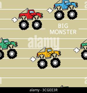 monster truck big monster doodle seamless vector Stock Vector