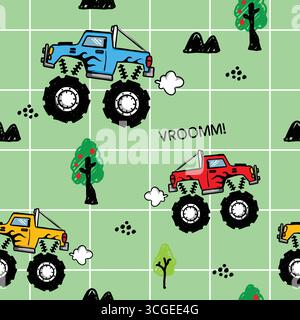 monster truck big monster doodle seamless vector Stock Vector