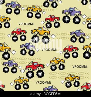 monster truck big monster doodle seamless vector Stock Vector