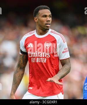 London, UK. 23rd Aug, 2025. Arsenal v Leeds United - Premier League - Emirates Stadium - London. Gabriel in action for Arsenal. Picture Credit: Mark Pain/Alamy Live News Stock Photo