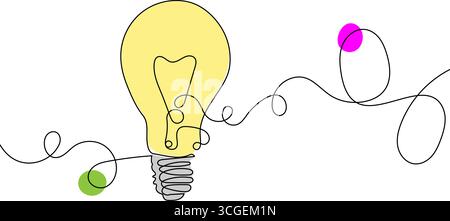 Continuous Line Drawing of Light Bulb and Curvy Wire Path – Concept of Innovation and Creativity Stock Vector
