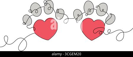 Continuous Line Drawing of Two Red Hearts with Gray Scribble Clouds Stock Vector