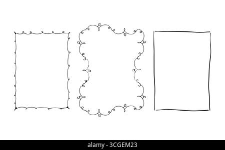 Set of elegant fancy outline black hand drawn frames with wavy swirls in trendy vintage style. Perfect for gift wrapping on holidays, Christmas, weddings or birthdays. Vector monochrome illustration. Stock Vector