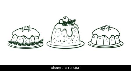 Set of winter Christmas pies. Graphic illustration of Christmas cakes. Winter festive pie with berries. Festive pudding. Monochrome outline vector drawing on a white background. Retro illustration for cards, invitations, menus and posters. Stock Vector