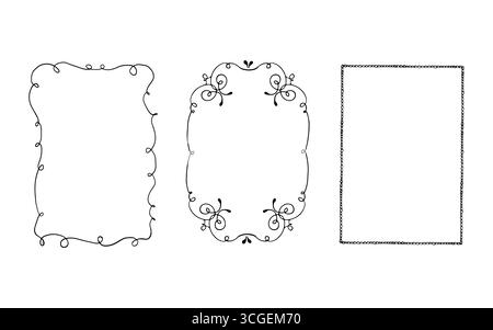 Set of elegant fancy outline black hand drawn frames with wavy swirls in trendy vintage style. Perfect for gift wrapping on holidays, Christmas, weddings or birthdays. Vector monochrome illustration. Stock Vector